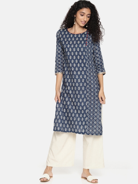 

Soch Women Navy Blue & Off-White Printed Straight Kurta