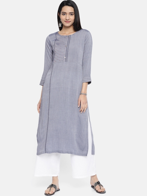 

Soch Women Grey & Navy Blue Embroidered Straight Kurta