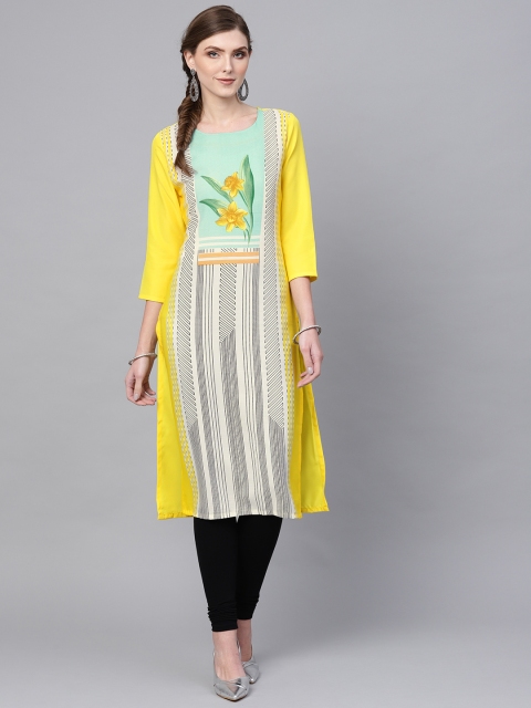 

AHIKA Women Yellow & Off-White Printed Straight Kurta
