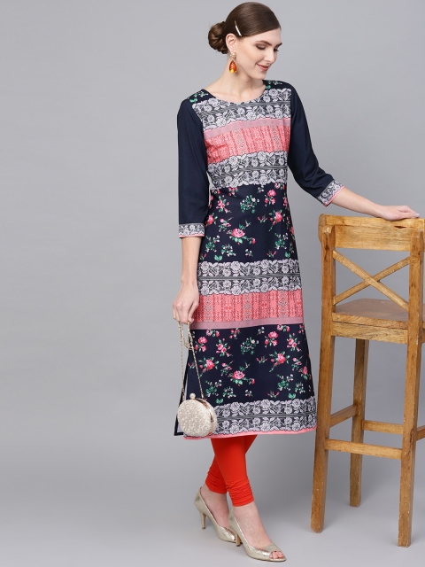 

AHIKA Women Navy Blue & Pink Floral Printed Straight Kurta