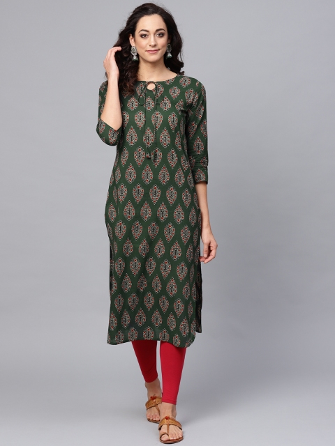 

AHIKA Women Green & Rust Red Printed Straight Kurta