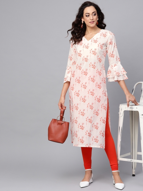 

AHIKA Women White & Orange Floral Print Straight Kurta