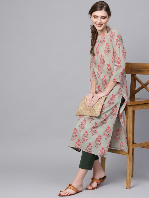 

AHIKA Women Green & Coral Red Printed Straight Kurta