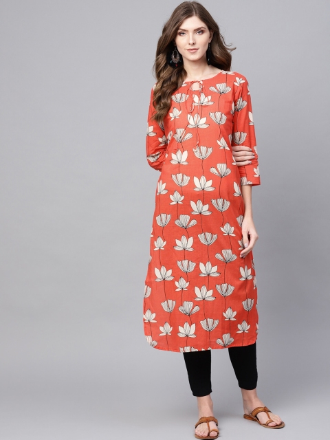 

AHIKA Women Coral Red & Off-White Floral Print Straight Kurta