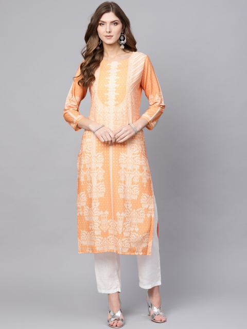 

AHIKA Women Orange & Off-White Crepe Printed Straight Kurta