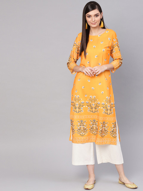 

AHIKA Women Yellow & Blue Floral Print Straight Kurta