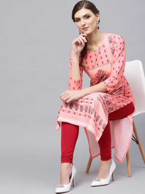 

AHIKA Women Peach-Coloured & Green Printed Straight Kurta