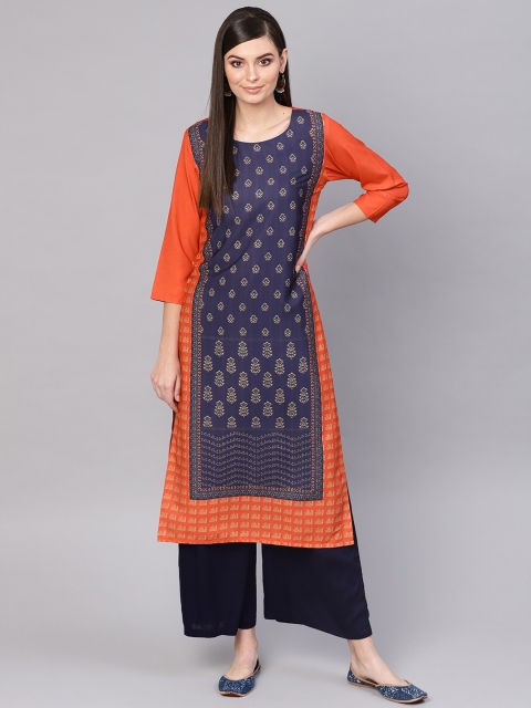 

AHIKA Women Navy Blue & Orange Printed Straight Kurta