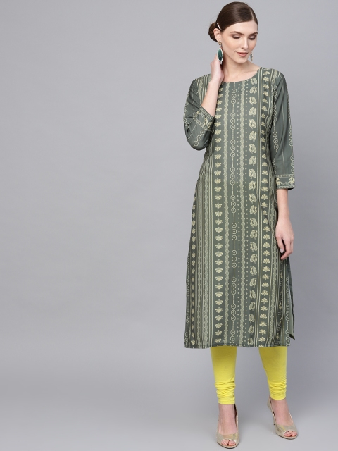 

AHIKA Women Olive Green & Beige Printed Straight Kurta