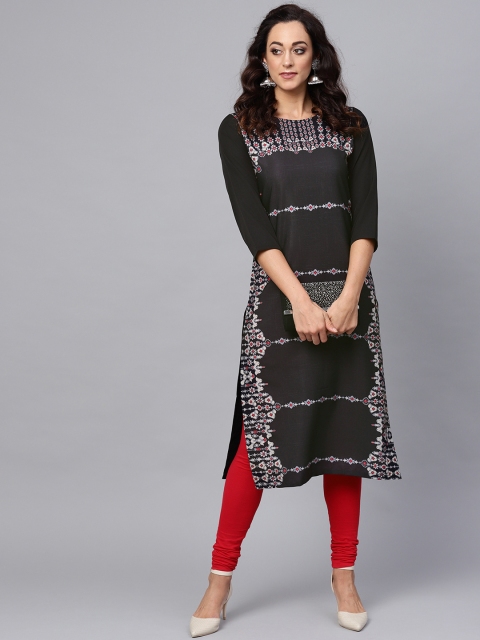 

AHIKA Women Black & Beige Printed Straight Kurta