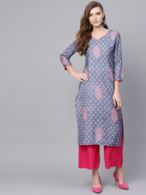 

AHIKA Women Blue & Pink Floral Print Straight Kurta