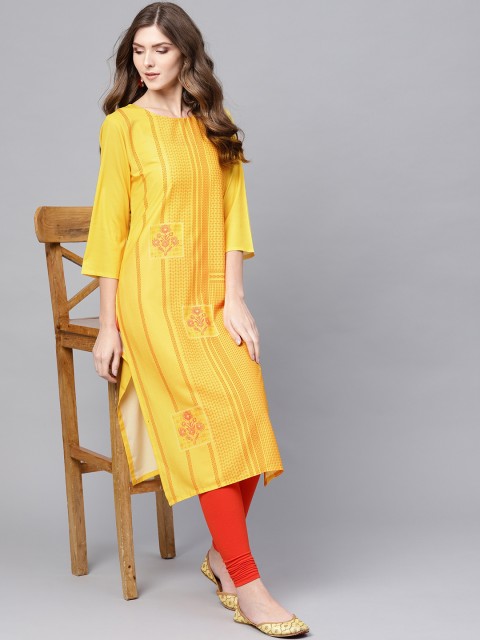 

AHIKA Women Yellow & Orange Printed Straight Kurta
