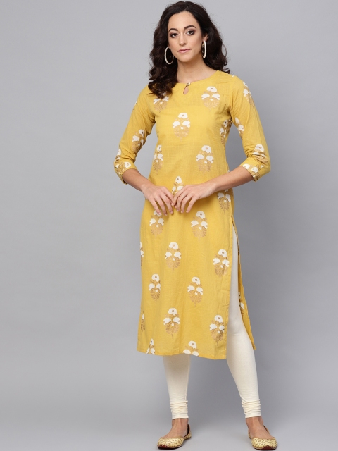 

AHIKA Women Mustard Yellow & Off-White Printed Straight Kurta