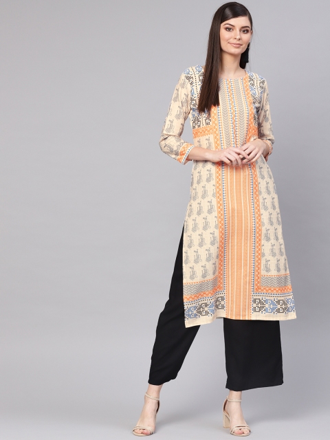 

AHIKA Women Beige & Orange Printed Straight Kurta