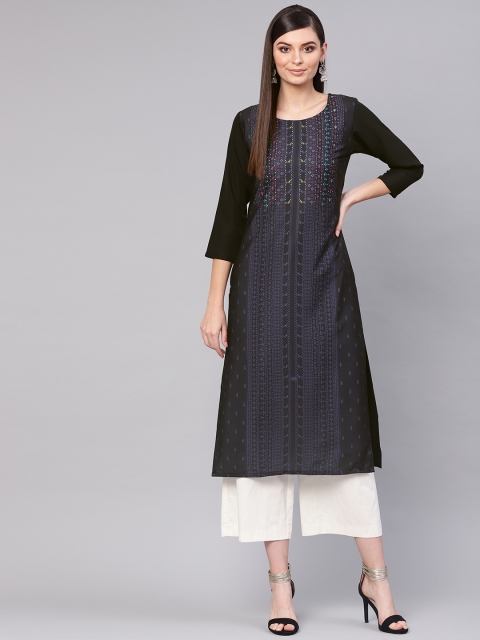 

AHIKA Women Black & Purple Printed Straight Kurta