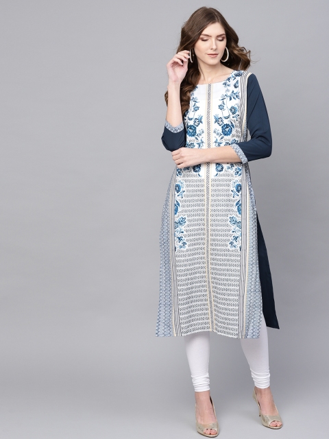 

AHIKA Women Off-White & Navy Blue Floral Print Straight Kurta