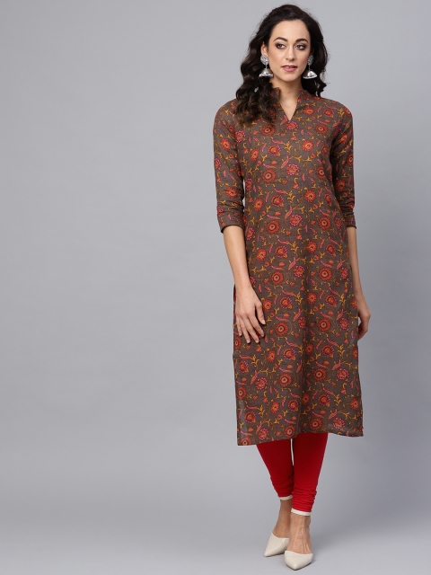 

AHIKA Women Brown & Red Printed Straight Kurta