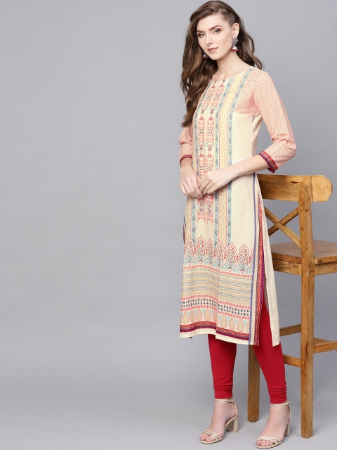 

AHIKA Women Beige & Red Printed Straight Kurta