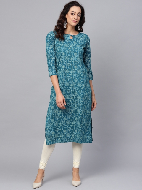 

AHIKA Women Blue Floral Print Straight Kurta