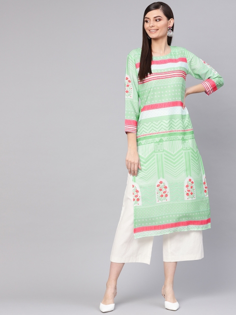 

AHIKA Women Green & Off-White Crepe Printed Straight Kurta