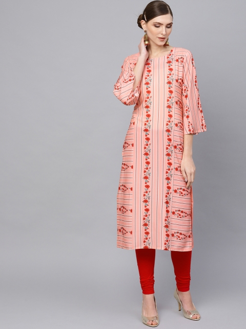 

AHIKA Women Peach-Coloured & Red Floral Print Straight Kurta