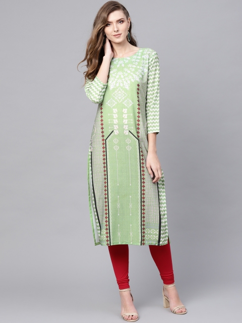 

AHIKA Women Green & Off-White Digital Print Straight Kurta