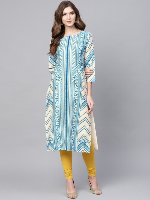 

AHIKA Women Off-White & Blue Printed Straight Kurta