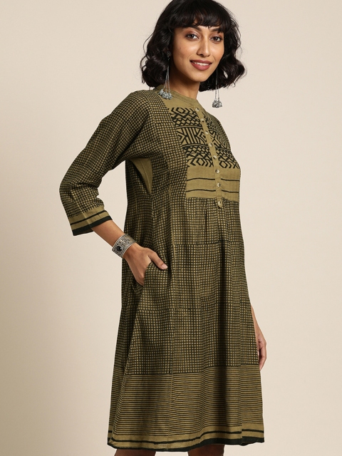 

Taavi Women Olive Green & Black Bagru Hand Block Print A-Line Sustainable Dress with Pocket Detailing