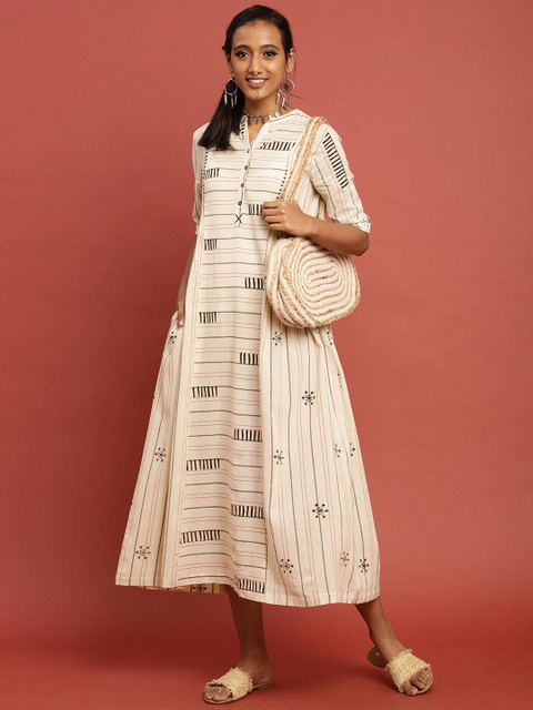 

Taavi Women Off White & Black Bagru Hand Block Print A-Line Sustainable Dress with Gathers