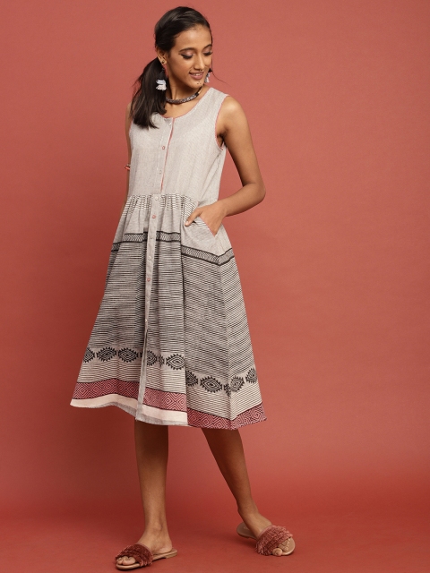 

Taavi Women Black & White Bagru Hand Block Print A-Line Sustainable Dress with Gathers