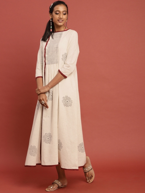 

Taavi Women White & Black Bagru Hand Block Print A-Line Sustainable Dress with Pleats & Pockets