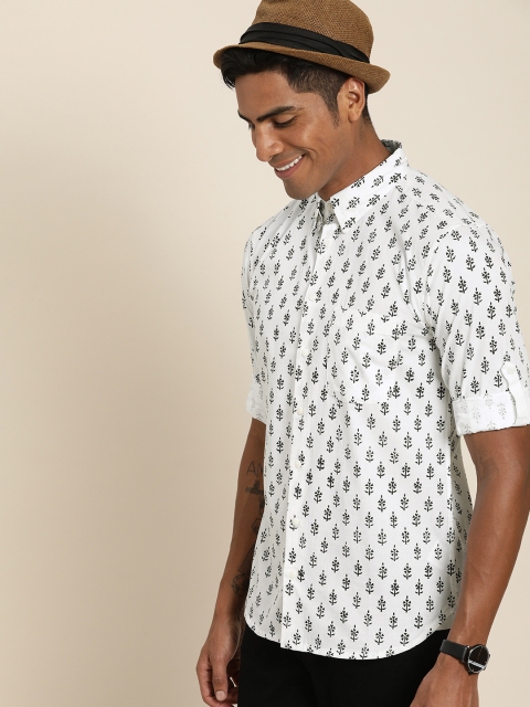 

Taavi Men White & Black Bagru Printed Sustainable Shirt with Button Down Collar & Roll-Up Tabs