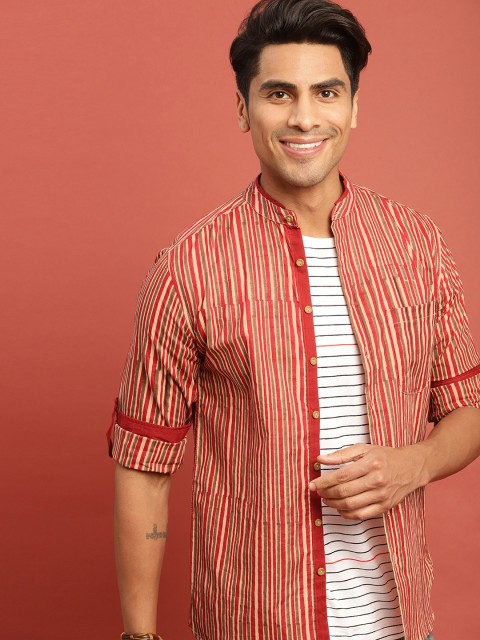 

Taavi Men Beige & Red Bagru Printed Sustainable Shirt with Roll-Up Sleeves