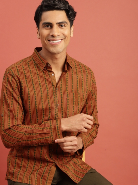 

Taavi Men Mustard Brown & Green Bagru Striped Sustainable Shirt with Roll-Up Sleeves