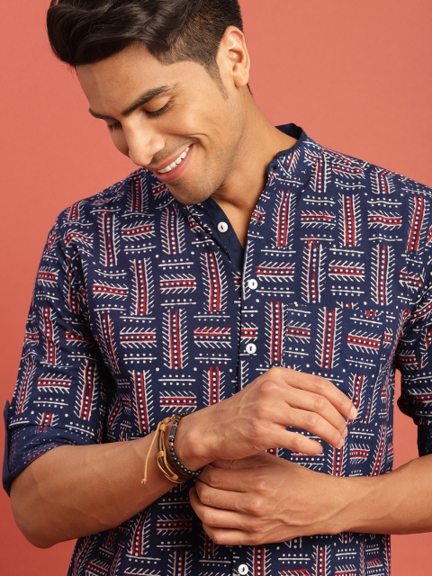 

Taavi Men Navy Blue Bagru Printed Sustainable Shirt with Roll-Up Sleeves