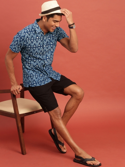 

Taavi Men Navy Blue & White Indigo Hand Block Printed Casual Sustainable Shirt with Roll-Up Tab