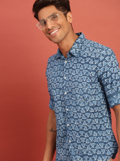 

Taavi Men Navy Blue & White Indigo Hand Block Printed Casual Sustainable Shirt with Roll-Up Sleeves