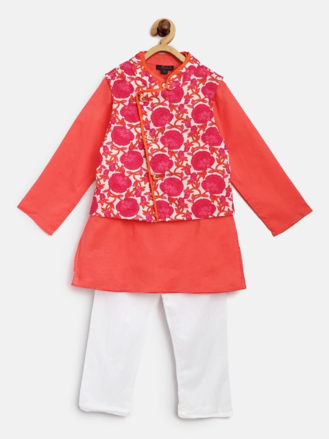 

pspeaches Boys Coral Pink & White Solid Kurta with Pyjamas & Angrakha Jacket