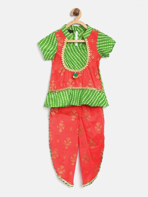 

pspeaches Girls Red & Green Foil Print Kurti with Dhoti Pants