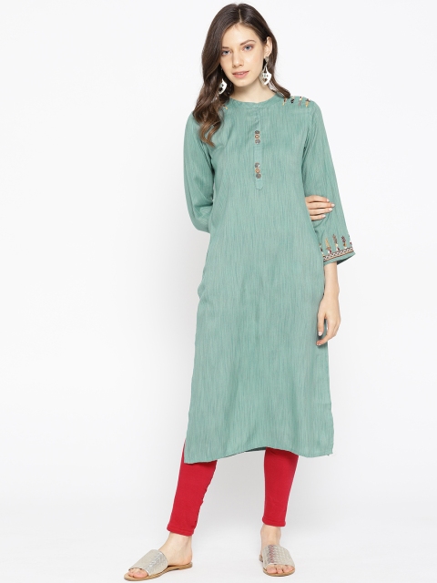 

Be Indi Women Green Woven Design Straight Kurta