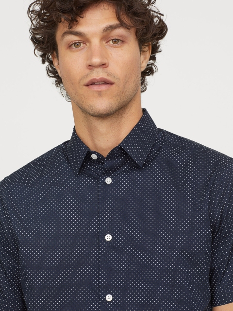 

H&M Men Navy Blue Solid Short-Sleeved Shirt Slim Fit