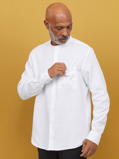 

H&M Men White Solid Grandad Shirt Regular Fit