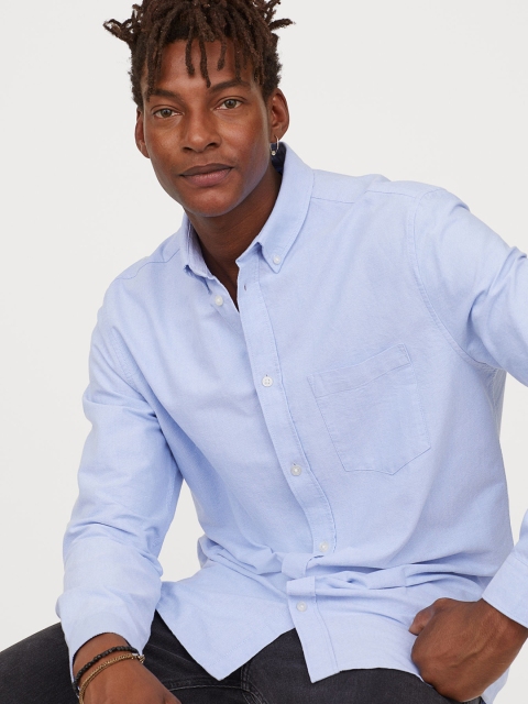 

H&M Men Blue Solid Oxford Shirt Regular Fit