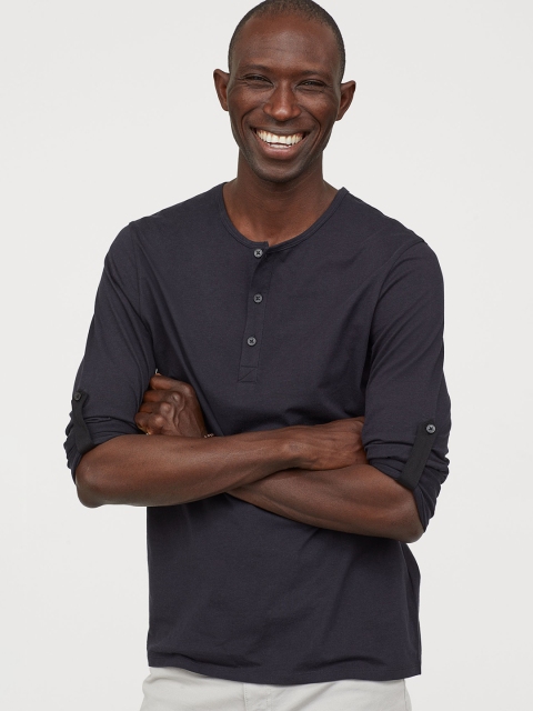 

H&M Men Blue Solid Cotton Jersey Henley Sweatshirt