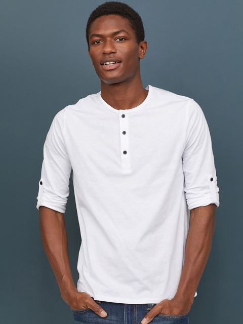 

H&M Men White Solid Cotton Jersey Henley T-shirt