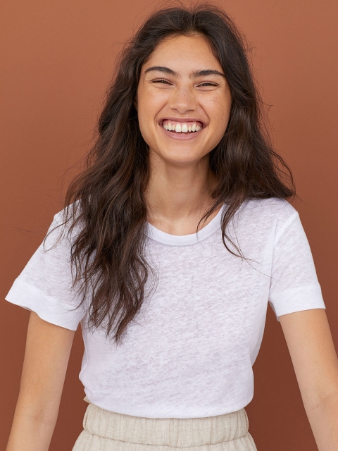 

H&M Women White Solid Linen T-shirt