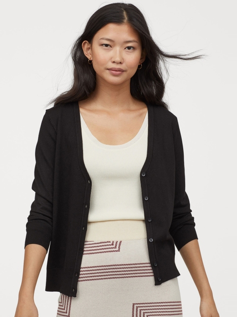 

H&M Women Black Solid Fine-Knit Cardigan