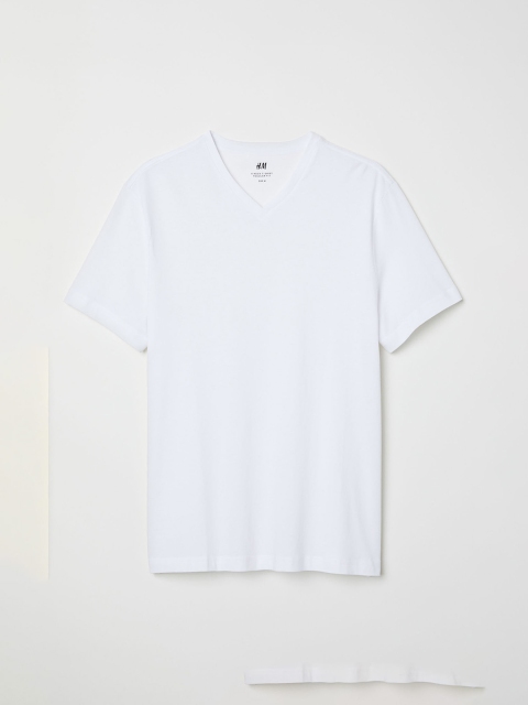 

H&M Men White Solid V-neck T-shirt Regular fit