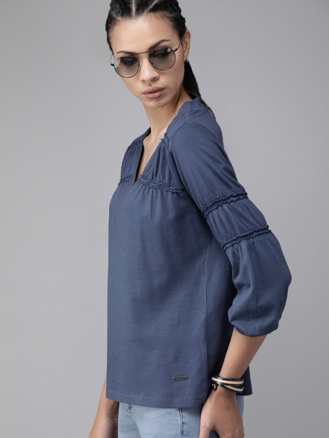 

The Roadster Lifestyle Co Women Navy Blue Solid Pure Cotton Top