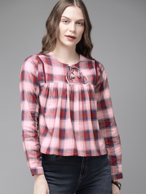 

The Roadster Lifestyle Co Women Pink & Red Checked A-Line Pure Cotton Top